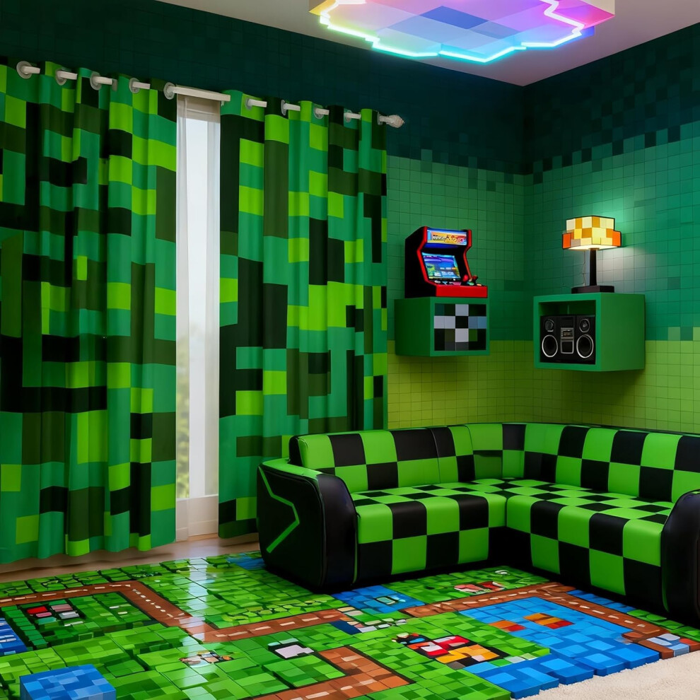 Manfei Pixel Grid Miners Blackout Curtains,Geometric Grid Patchwork Pixelated Window Drapes,Cartoon Gamepad Video Games Nursery Bedroom Playroom Deco