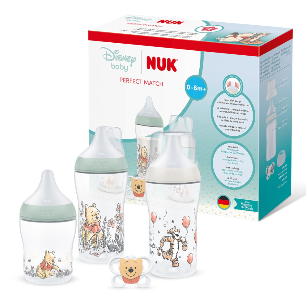 Perfect Match Newborn Baby Bottles & Dummy Set | 0-6 Months | 3 X Anti-Colic Feeding Bottles (150Ml, 260Ml), 1 X Perfect Match Air Dummy | Disney Nuk