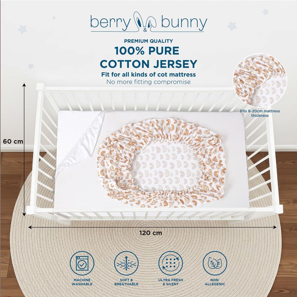 Berry & Bunny 3 Pack Cot Bed Sheets 120 X 60 Cm – 100% Cotton 2 Fitted Sheets & 1 Waterproof Mattress Protector Cover – Soft Breathable Cot Sheets