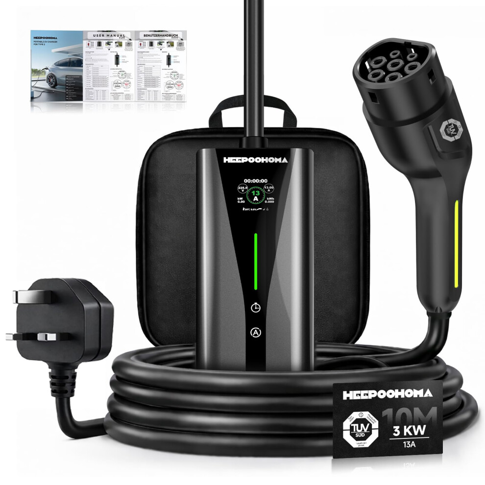 Ev Charger 10M, 3 Kw 6-13A 3 Pin Ev Charger, Portable Electric Car Gold/Silver 5002764620536