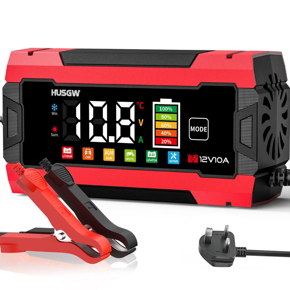 10A Car Battery Charger, 12V Smart Fully Automatic Battery Charger//Maintainer With Temperature Compensation For Car, Motorcycle, Suv, Lithium Batter 5006685738431