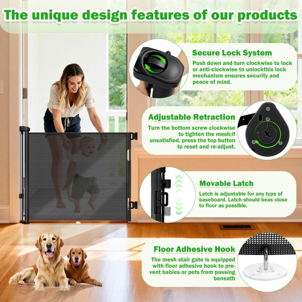 Retractable Stair Gate For Baby,Mesh Extendable Dog & Pet Stair Gates - 86Cm Tall & 140Cm Wide,Kid/Child Safety Gate For Indoor/Outdoor/Doorways/Hall Olqi