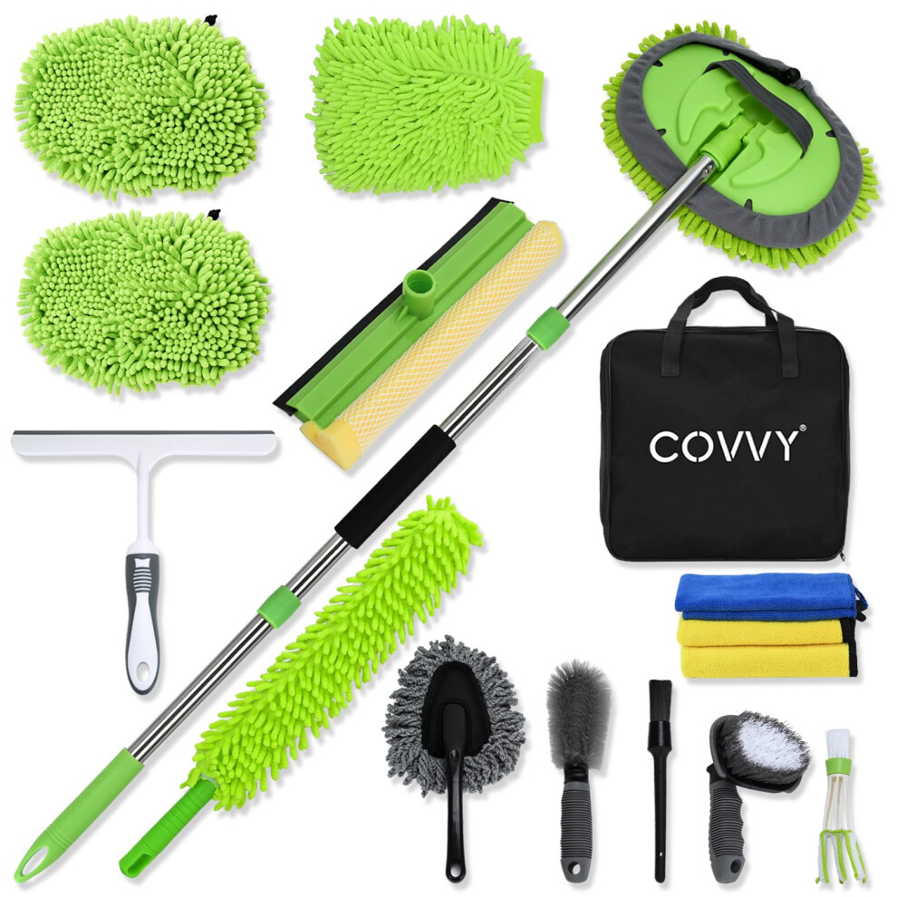 Covvy 14 Pcs Car Cleaning Kit,62 Inch Car Wash Mop Head With Long Handle,Wash Mop Mitt,Window Scraper,Soft Cleaning Cloth,Duster,Storage Bag,Car Whee 5003417195685