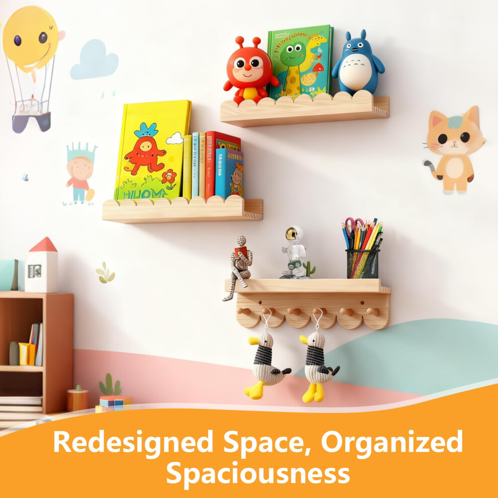 Sideroly Nursery Book Shelves Set Of 3,40Cm Baby Floating Book Shelves With Round Hooks,Solid Wood Scalloped Wall Mounted Bookshelves Hanging Nursery Furnitur