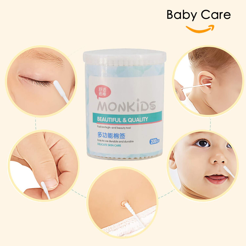 Akliocss 400Pcs Anti-Bacterial Cotton Swabs For Infant Baby/Kid/Adult, Round&Spiral Head Qtip For Baby Ear Nose Clean, 100% Cotton Double Tipped Paper Sticks