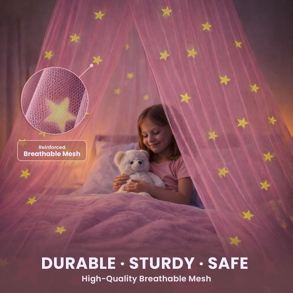 Bollepo Pink Bed Canopy For Girls With Glowing Stars - Canopy Bed Curtains | Fits Single, Twin, Full, Queen Size Kids Bed, Princess Netting Room Deco