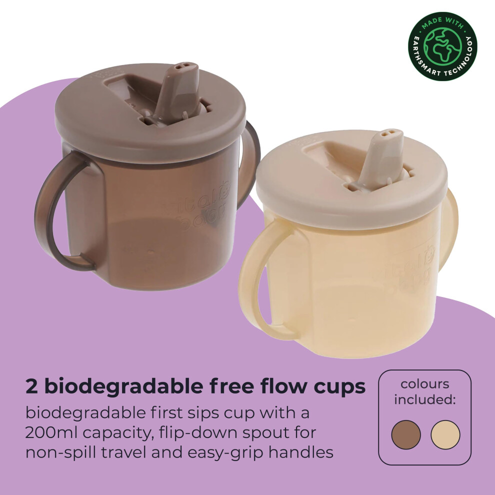 Hydrate Free Flow Cup 200Ml, First Sippy Cup 4M+, Flip-Down Spout, Earthsmart Biodegradable, Easy-Grip & Dishwasher Safe, Bpa-Free, 2 Pack Vital Baby