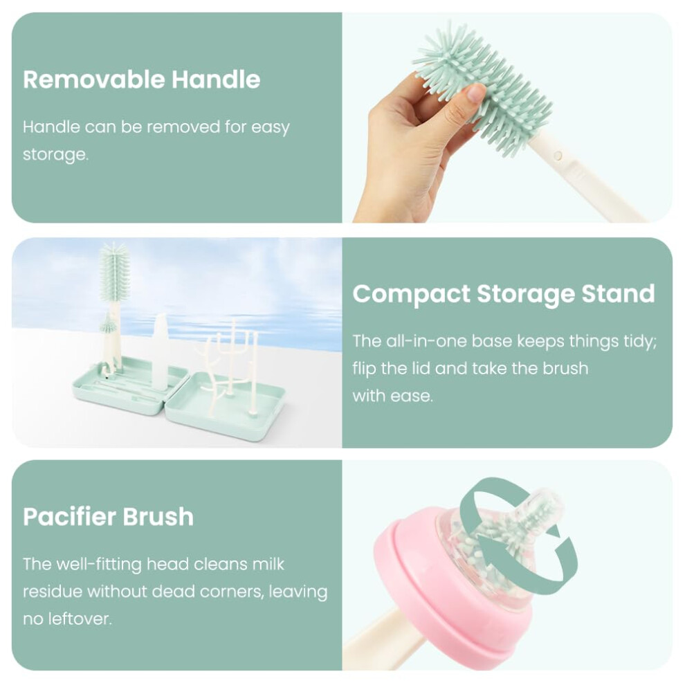 Vicloon Baby Bottle Brushes, 6 In 1 Travel Bottle Brush Set With Silicone Bottle/Nipple/Straw Brush, Soap Dispenser, Drying Rack, Baby Travel Essenti