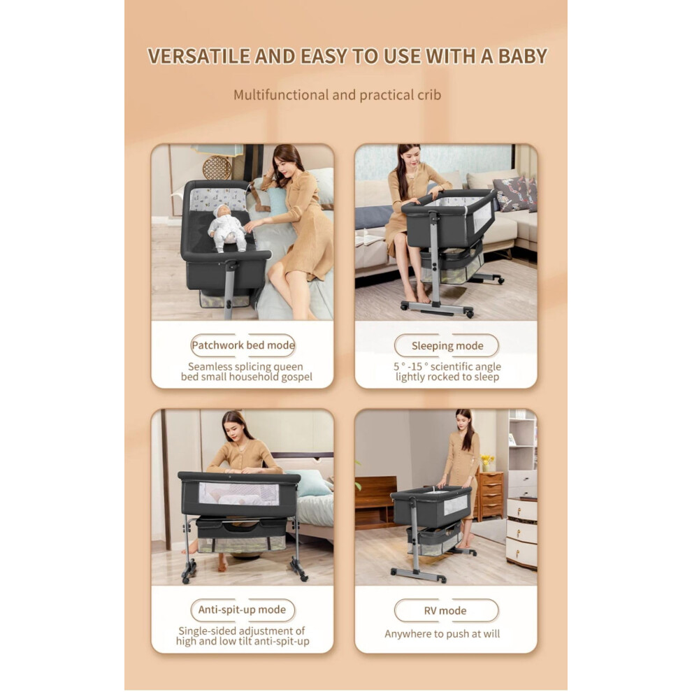 3 in 1 Baby Crib, Baby Cradle, Bassinet, Infant Cot, Bedside Sleeper, Travel Cot, with Mattress and Changing Table, Folding, Adjustable, Rocking, Por