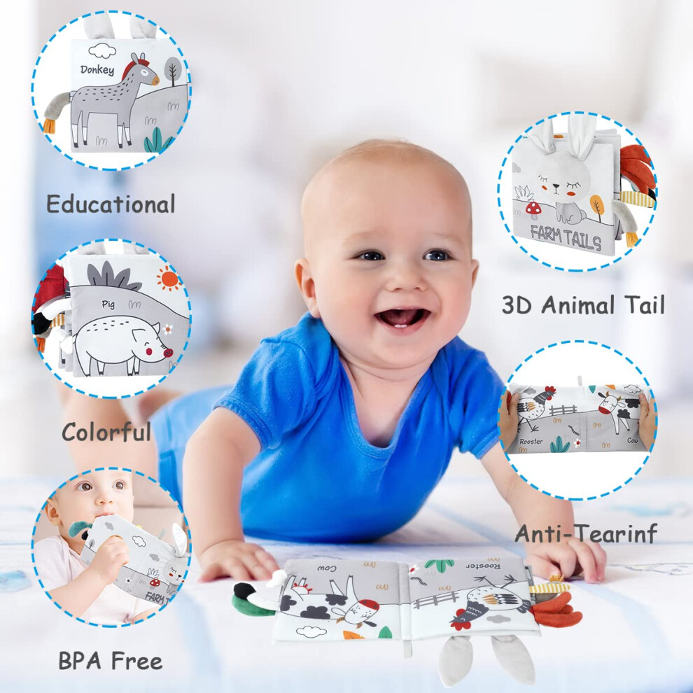 Vicloon Baby Soft Books, Soft Toys Baby Cloth Books, Baby Bath Cloth Book, First Year 3D Animals Tails Crinkle Sensory Touch And Feel Book For Early