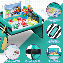 COOLJOY Kids Travel Tray for Toddler Car Seat, 2 in 1 Kids Lap Tray with Robot Backpack and Transparent Erasable Surface, Play Trays for Cars, Educat
