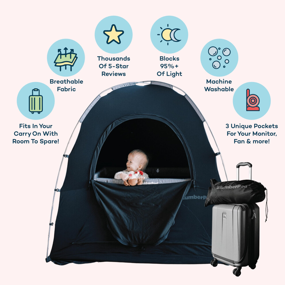 The Original Blackout Sleep Tent Travel Essential For Babies And Toddlers, Mini Crib And Pack N Play Cover, Sleep Pod For Kids With Monito Slumberpod