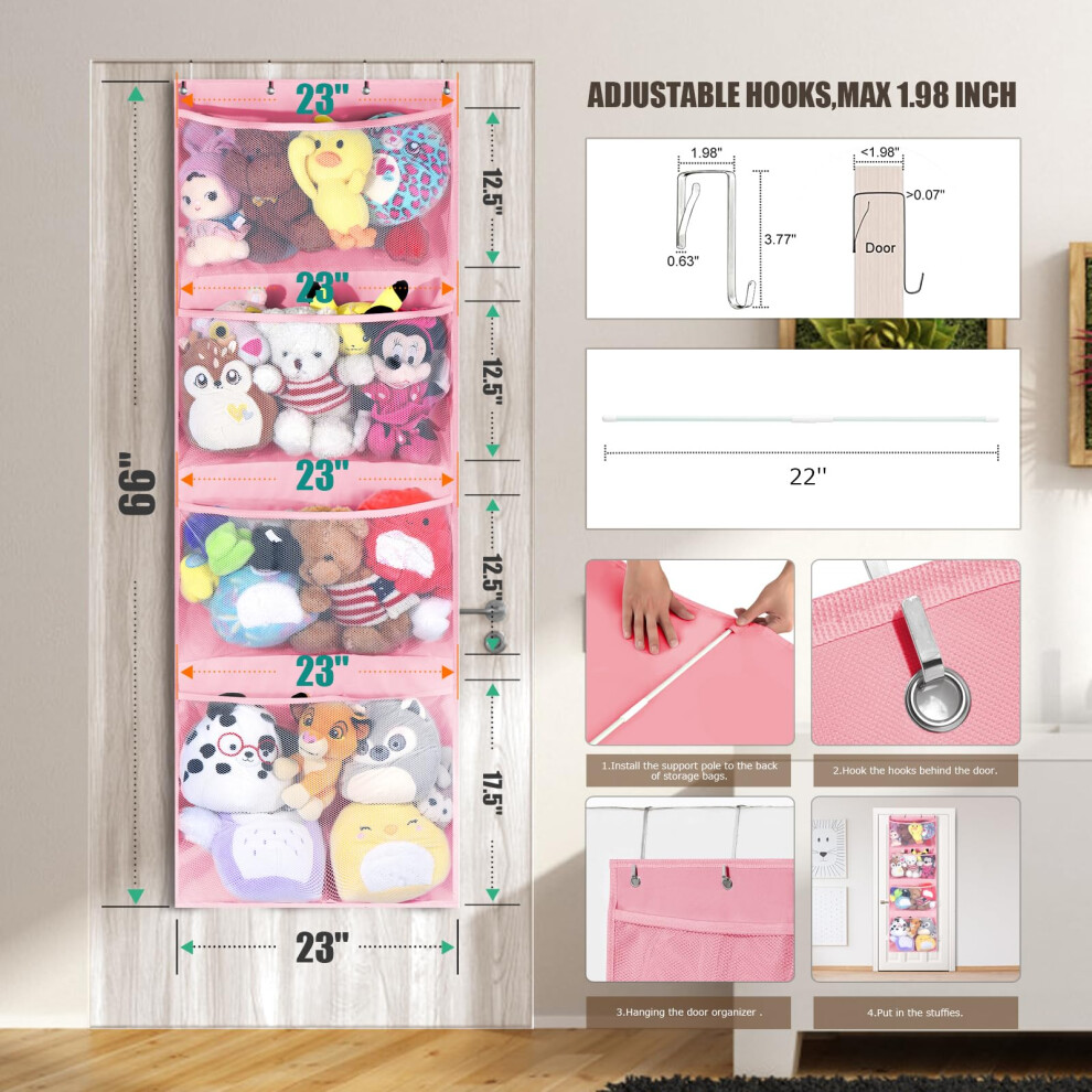 Over Door Storage Teddy Hammock Toy Net For Stuffed Animals Hanging Organiser Animal The Kid Room Bedroom Bathroom Nursery, Pink Visator