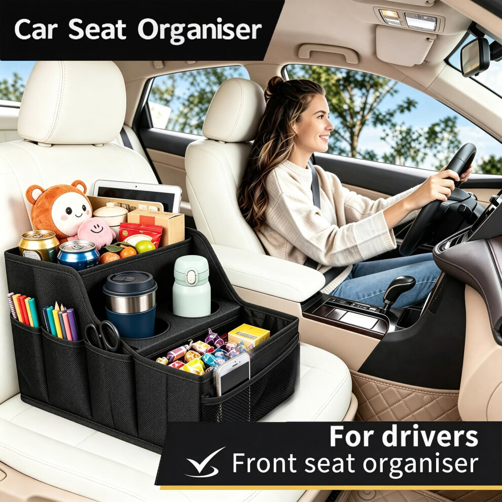 Llphoaci Car Seat Organiser For Backseat & Passenger Seat – 9 Compartments, 2 Cup Holders, Collapsible, Waterproof Oxford Fabric Travel Storage For Kids Toys