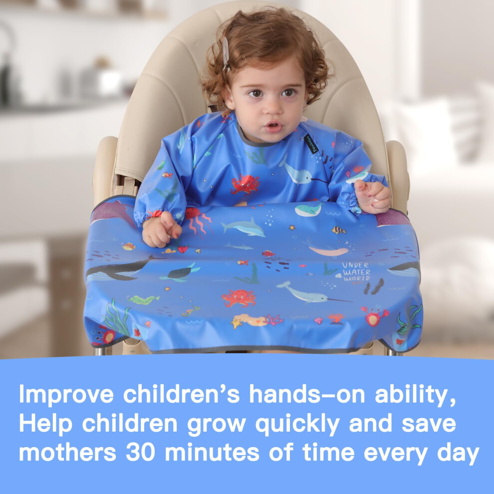 Weaning Bib Attaches And Fully Cover To Baby Highchair, Long Sleeves Bib With Waterproof, Comfortable,Machine Washable, Suitable For Blw 6 Mo Pewingo