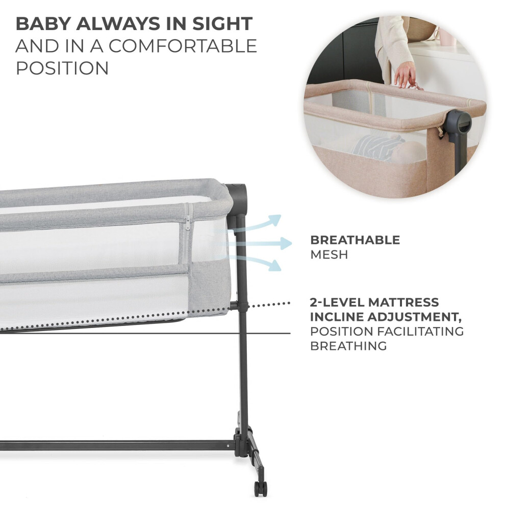 Kinderkraft Neste Up 2 Bedside Crib, Travel Cot, Co-Sleeping Bed, Ajustable Height, Foldable Side Wall, Transport Wheels, With Accessories, Cotton Sh