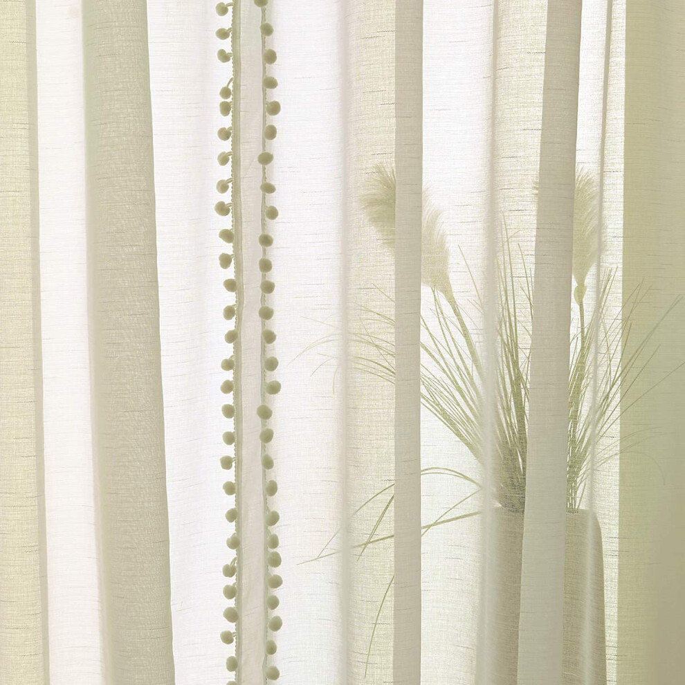 Pom-Pom Linen Sheer Curtain Panels For Nursery 54-Inch Weight & Airy Pencil Pleat Voile Curtains Slub Textured Natural Farmhouse Semi-Transpare Light Treatmentex