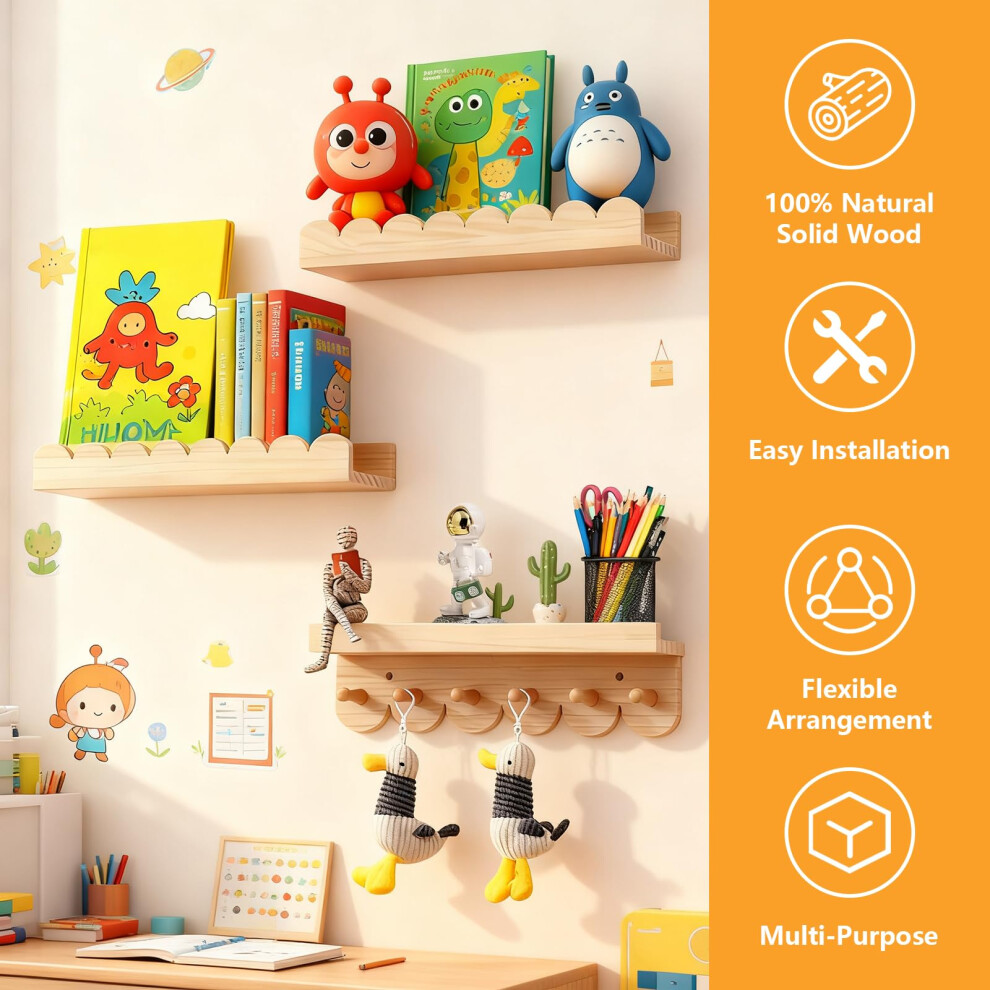 Sideroly Nursery Book Shelves Set Of 3,40Cm Baby Floating Book Shelves With Round Hooks,Solid Wood Scalloped Wall Mounted Bookshelves Hanging Nursery Furnitur
