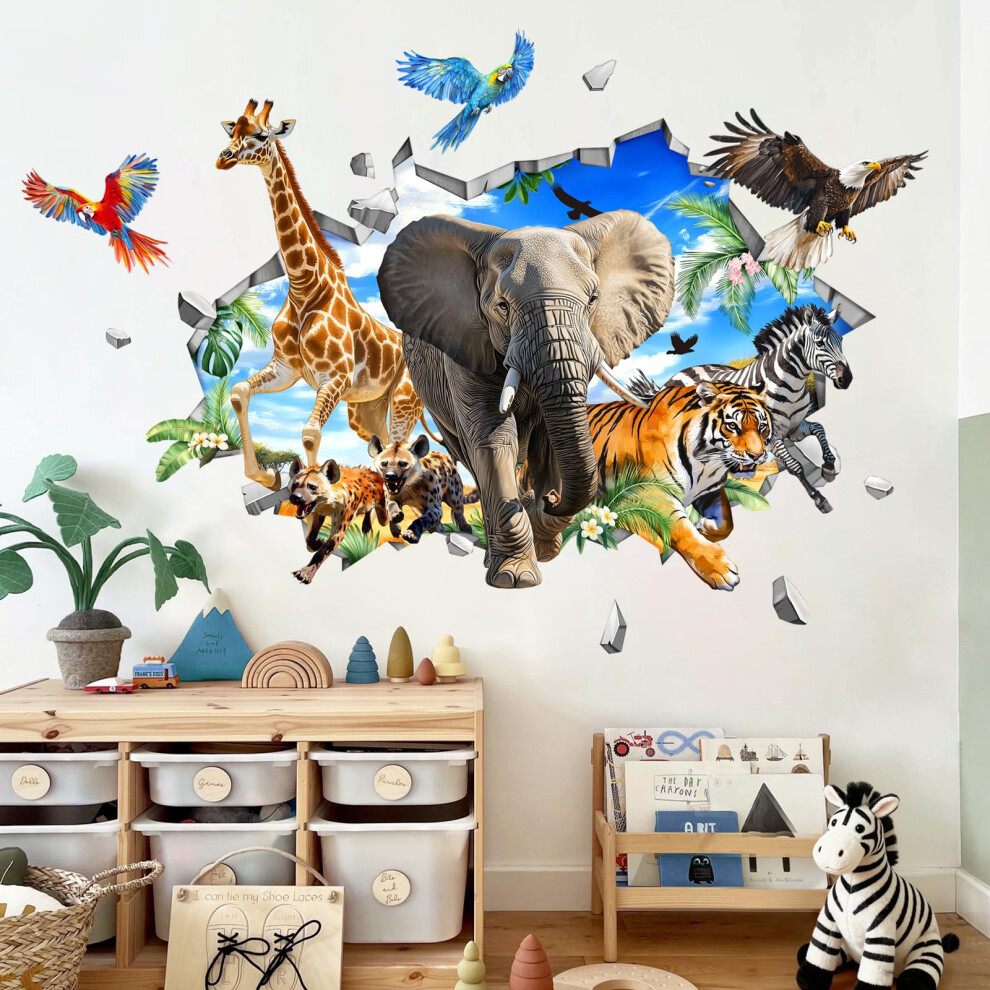 Supzone 3D Safari Animals Wall Stickers Jungle Elphant Giraffe Tiger Leopard Zebra Wall Decals Boy Baby Nursery Kids Bedroom Playroom Decor