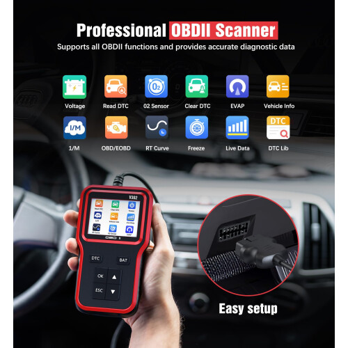 OBD2 Scanner with Upgrade Battery Tester, Car Diagnostic Tool Check Engine Light & Emissions Readiness, Fault Code Reader for All OBD II Protocol Veh 1