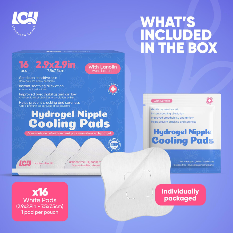 Livaclean Health 16Ct Hydrogel Nipple Pads For Breastfeeding With Lanolin Cooling Sore