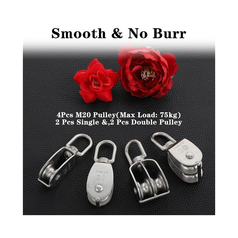 4 Pack M20 Lifting Single Pulley Block 304 Stainless Steel Crane Swivel Hook Double Pulley Roller Loading 4712439113225