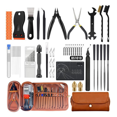 66Pcs 3D Printer Tools Kit for FDM/SLA Printers Deburring Tool, Scrapers, Brushes, Hand Drill, Tweezers & More