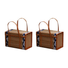 2X Picnic Woven Basket Wicker Storage Bag Handle Folded Fruit Shopping Food Handle Rattan Grass Foldable Bamboo Basket B