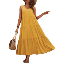 Women Solid Color Casual Midi Dress Ginger Yellow S