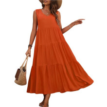 Women Solid Color Casual Midi Dress Orange S