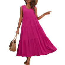 Women Solid Color Casual Midi Dress Rose Red S