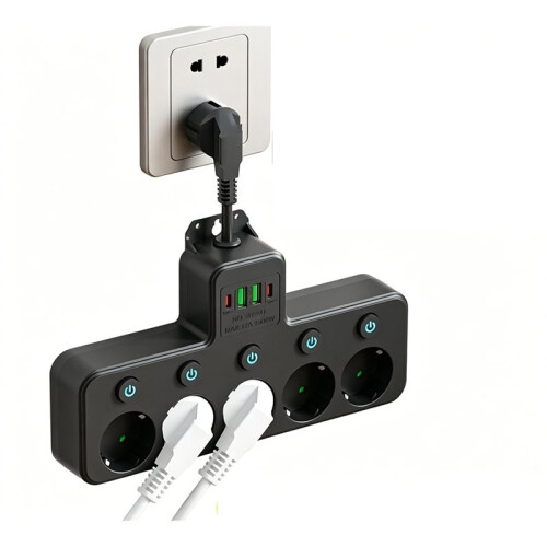 EU Plug AC Outlet Multitap Power Strip Electrical Socket USB Home Surge Protector Network Filter A:Black