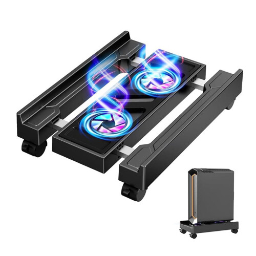 Adjustable CPU Holder with Cooling Fan and RGB Light, Under Desk Computer Tower Stand PC Floor Cart PC Riser 1