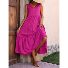 Women Solid Color Casual Midi Dress Rose Red S