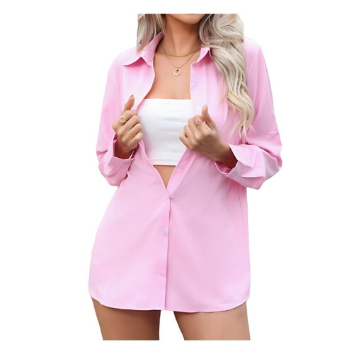 Damen Stretch Button-Down Langarmhemd Weiche Basic Knitterfreie Arbeit Business Formale Freizeitbluse Rosa L