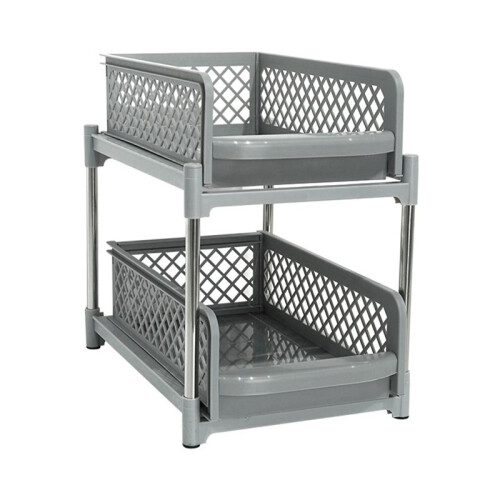 Space-Saving Design 2-Layer Organizer with Pull-Out Drawers, Sliding Bathroom and Kitchen Cabinet Storage Gray