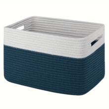 Woven cotton storage box with handles, blue/white