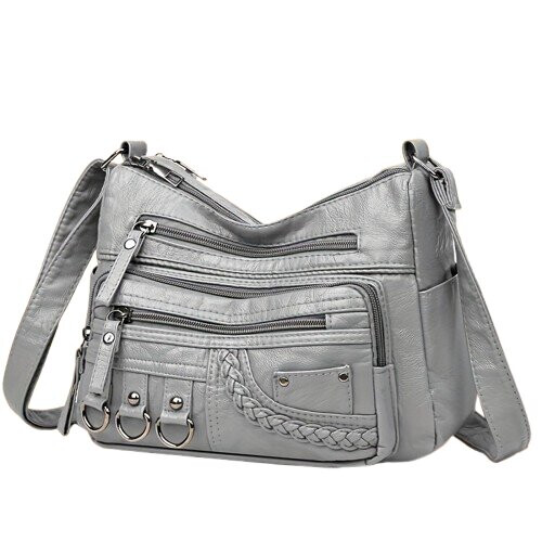 Elegante leren schoudertas voor dames, grijs