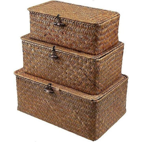 3 paniers en osier avec couvercle et poignées