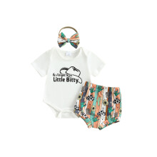 (0-3 Months, Multicolor) Baby Summer Outfits Letter Print Short Sleeve Round Neck Romper with Hat/Car Pattern Shorts and Headband Outfit