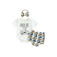 (3-6 Months, Black) Baby Summer Outfits Letter Print Short Sleeve Round Neck Romper with Hat/Car Pattern Shorts and Headband Outfit