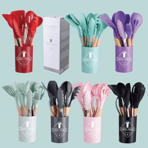 Ensemble d'ustensiles de cuisine en silicone, 12 pièces, marron 1