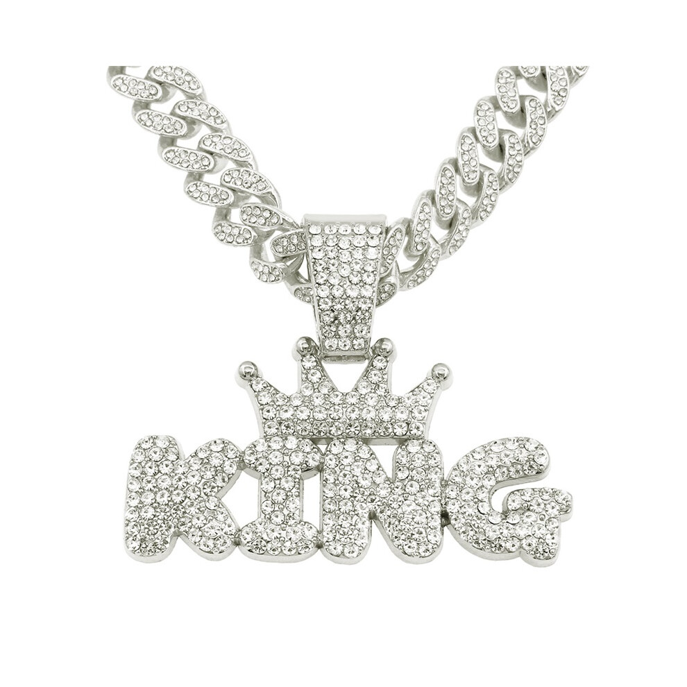 (Silver) Hip Hop King Letter Pendant Necklace For Men Iced Out King Charm Cuban Link Chain 50Cm Silver