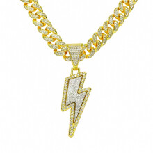 (Gold) 欧美Hip Hop Iced Out Lightning Bolt Pendant Necklace for Men Rhinestone Cuban Link Chain 50CM