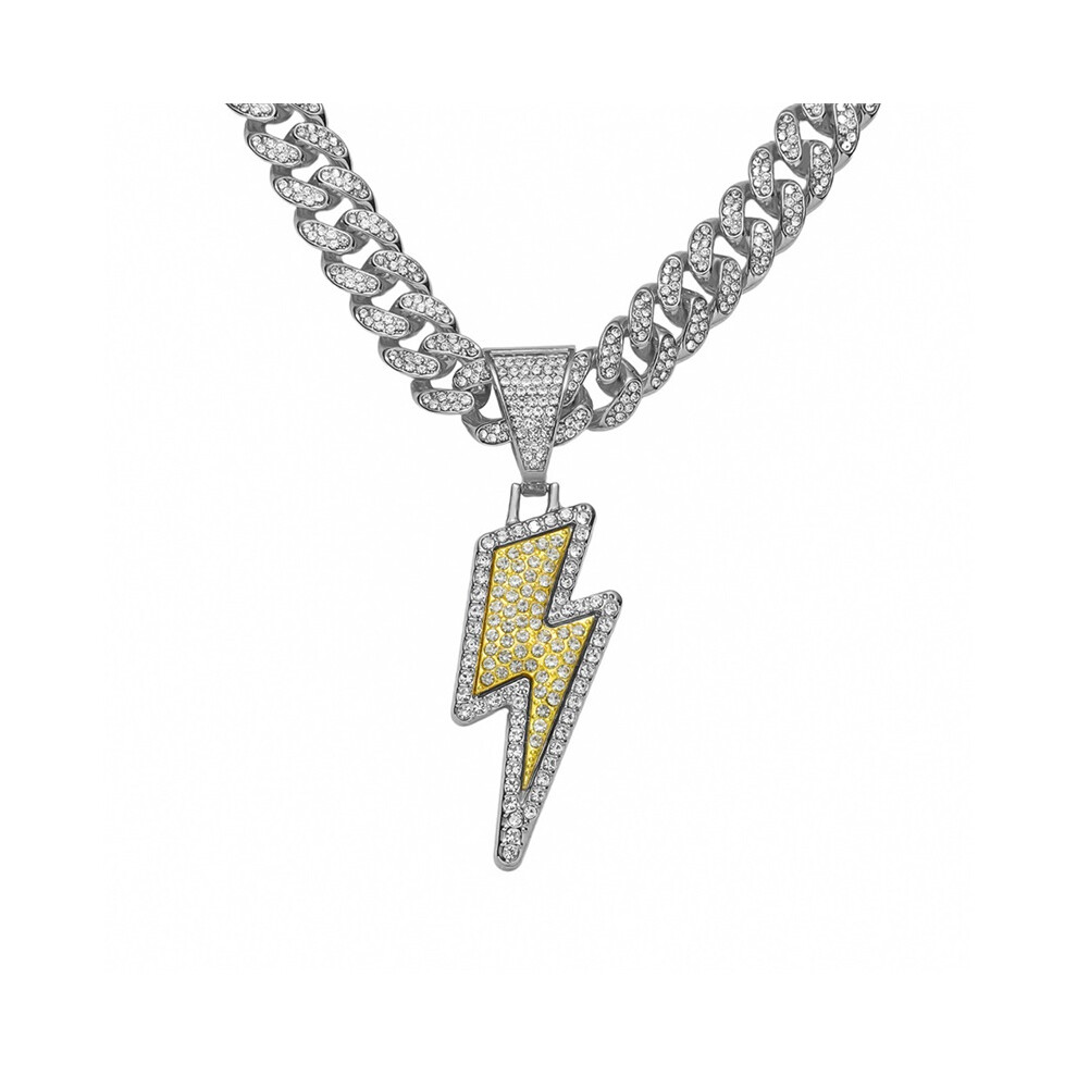 (Silver) 欧美Hip Hop Iced Out Lightning Bolt Pendant Necklace For Men Rhinestone Cuban Link Chain 50Cm Silver