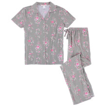 CTM Women's Floral Notched Collar Picot Pyjama Set