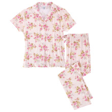 CTM Women's Floral Notched Collar Picot Pyjama Set