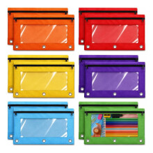 Conjunto de 12 Estojos para Lápis para Fichário de 3 Argolas, Estojos com Zíper de 3 Furos e Janela Transparente, Bolsas para Lápis