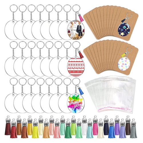 Acrylic Keychain Blanks Set,Clear Circle Acrylic Blank Bulk Tassels for DIY Keychain Earring and  Project 1