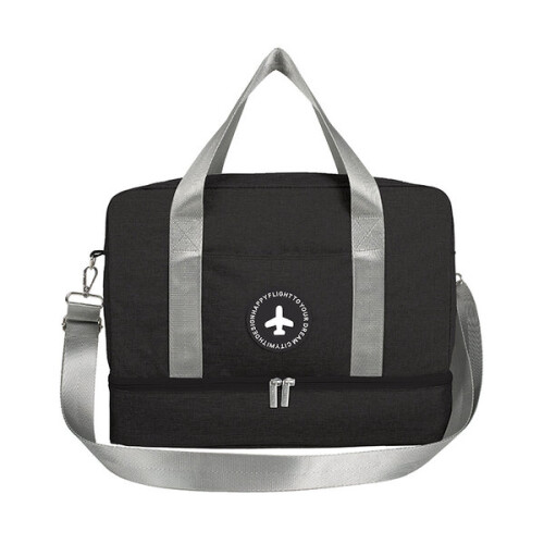 Bolsa de viagem com divisórias para itens secos e molhados, preta.